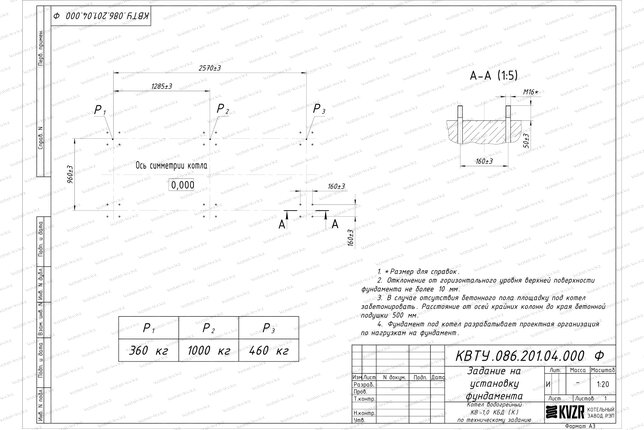 Котел на угле дровах 1.0 МВт с колосниками фундамент